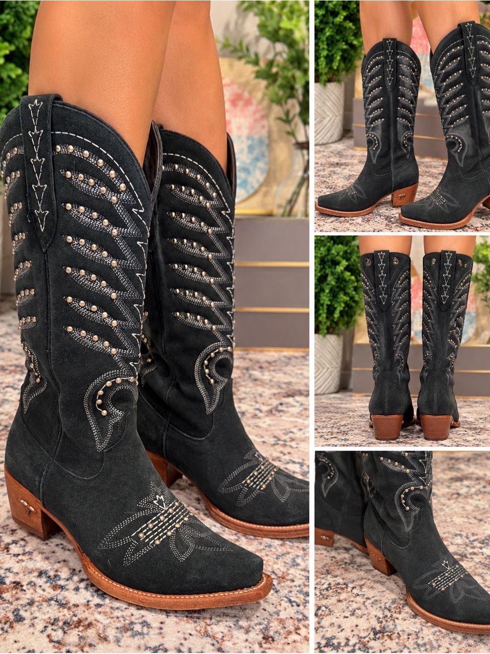 Lane Black Suede Studded Western Cowboy Boots 9.5